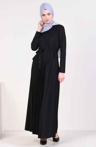 Piliseli Kuşaklı Elbise 4026-01 Siyah