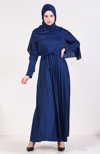Pleated Belted Dress 4026-02 İndigo 4026-02
