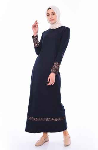 Leopard Garnished Dress 4172-04 Navy Blue 4172-04