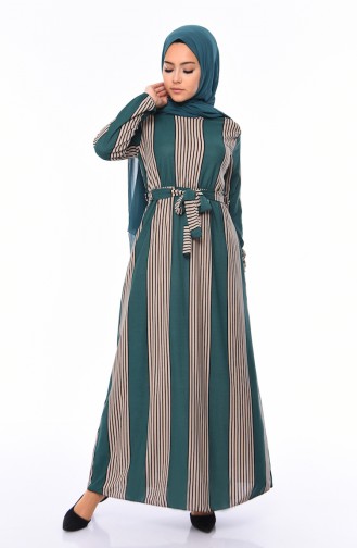 Çizgili Kuşaklı Elbise 1041-02 Zümrüt Yeşili Vizon 1041-02