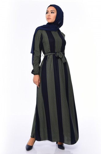 Striped Belted Dress 1041-03 Khaki Navy Blue 1041-03