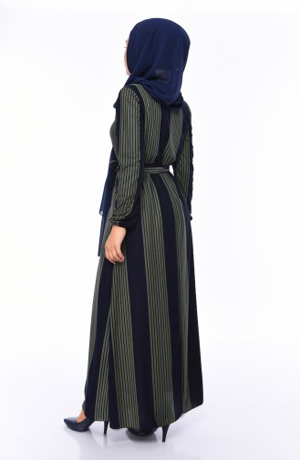 Striped Belted Dress 1041-03 Khaki Navy Blue 1041-03
