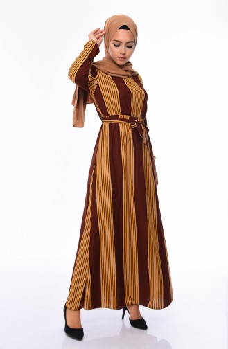 Çizgili Kuşaklı Elbise 1041-04 Hardal Kahverengi 1041-04