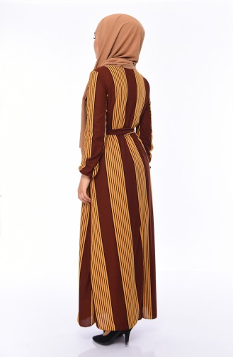 Çizgili Kuşaklı Elbise 1041-04 Hardal Kahverengi 1041-04