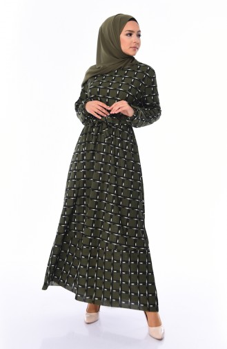 فستان مُطبع بتصميم أكمام مزمومة 1042-01 لون أخضر كاكي 1042-01