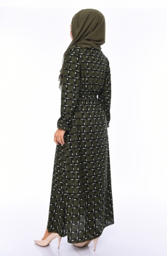 Elastic Sleeve Patterned Dress 1042-01 Khaki 1042-01