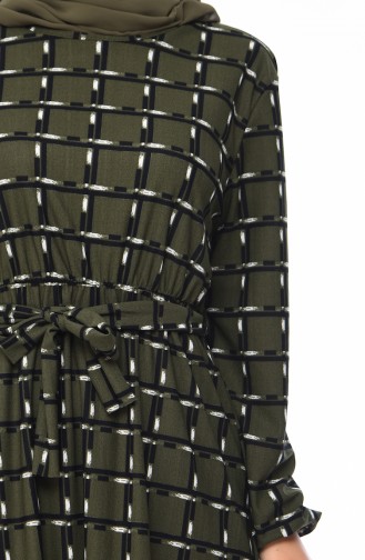 فستان مُطبع بتصميم أكمام مزمومة 1042-01 لون أخضر كاكي 1042-01