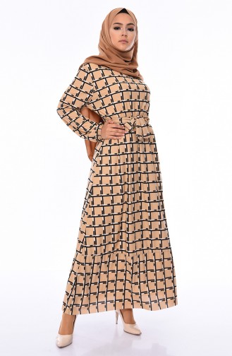 فستان مُطبع بتصميم أكمام مزمومة 1042-04 لون بني مائل للرمادي 1042-04