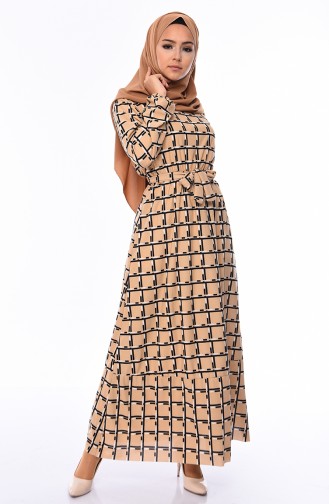 فستان مُطبع بتصميم أكمام مزمومة 1042-04 لون بني مائل للرمادي 1042-04