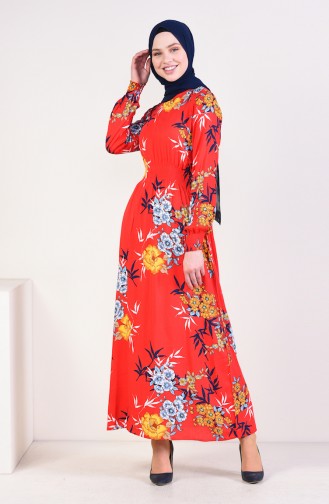 فستان بتصميم مُطبع 3858-01 لون أحمر 3858-01