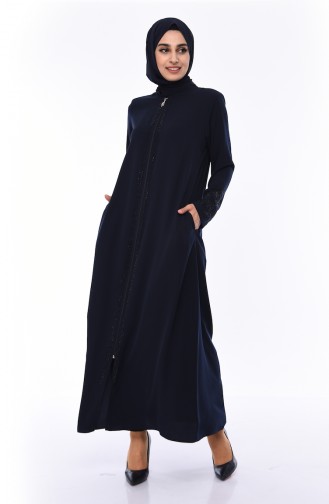 Large Size Stone Printed Abaya 0009-04 Navy Blue 0009-04