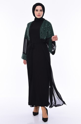 Sequin Belted Abaya 52750-01 Black Emerald Green 52750-01