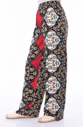 Patterned Summer Wide Leg Pants 1920-02 Black Claret Red 1920-02