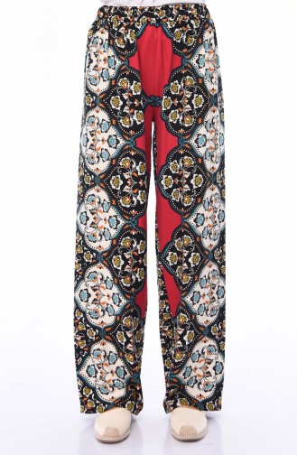 Patterned Summer Wide Leg Pants 1920-02 Black Claret Red 1920-02