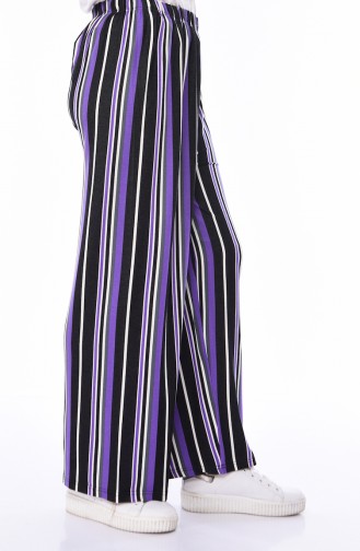 Striped Wide Leg Summer Pants 7907-01 Black Purple 7907-01