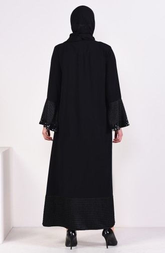 Large Size Sequin Detailed Zippered Abaya 7834-01 Black 7834-01
