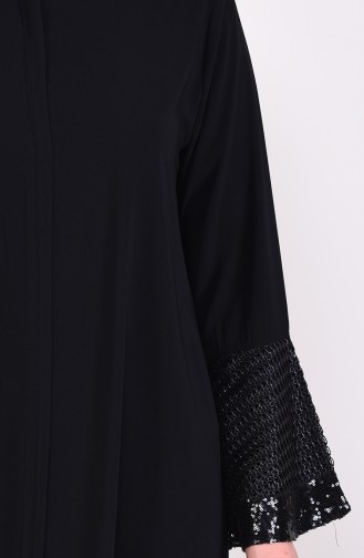 Large Size Sequin Detailed Zippered Abaya 7834-01 Black 7834-01