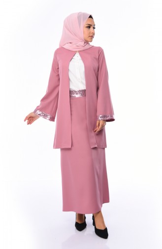 Sequin Detailed Jacket Skirt Double Suit 1520-01 Rose Dry 1520-01
