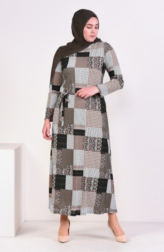 Plus Size Pattern Belt Dress 4555A-02 Khaki 4555A-02