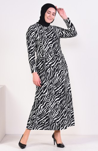 Büyük Beden Desenli Kuşaklı Elbise 4555D-03 Siyah 4555D-03