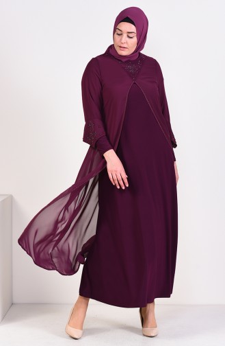 فستان سهرة بتفاصيل من الشراشيب وبمقاسات كبيرة 6184-05 لون ارجواني داكن 6184-05