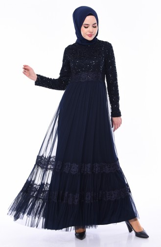 Sequin Detailed Evening Dress 52757-05 Navy 52757-05