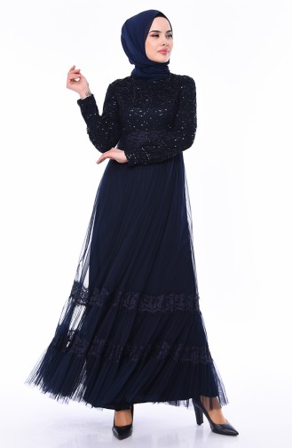 Sequin Detailed Evening Dress 52757-05 Navy 52757-05