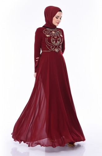 Stone Detail Evening Dress 4532-02 Claret Red 4532-02