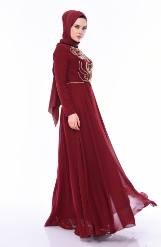 Stone Detail Evening Dress 4532-02 Claret Red 4532-02