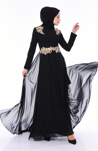 فستان سهرة شيفون بتفاصيل من الدانتيل 4546-02 لون أسود 4546-02