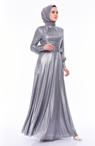 فستان سهرة بتصميم مُحاك بتفاصيل لامعة و حزام للخصر 0050-04 لون رمادي 0050-04