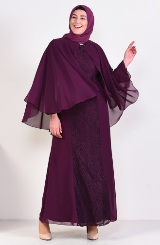 فستان سهرة بتفاصيل من الدانتيل و بمقاسات كبيرة 1305-02 لون أرجواني 1305-02