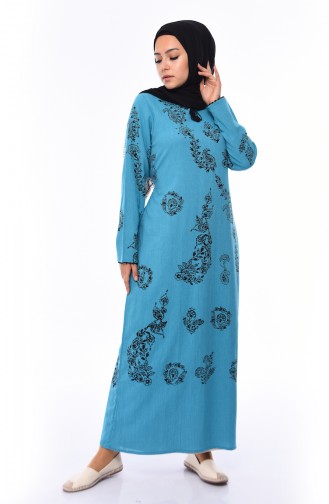 Patterned Cotton Gauze Dress 0004-12 Turquoise 0004-12