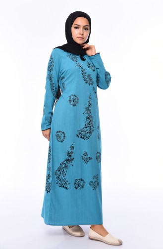 فستان قطن مُحاك بتصميم مُطبع 0004-12 لون تركواز 0004-12