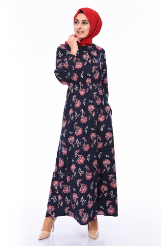 Desenli Beli Lastikli Elbise 0417M-02 Lacivert Kırmızı
