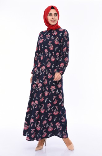 Desenli Beli Lastikli Elbise 0417M-02 Lacivert Kırmızı
