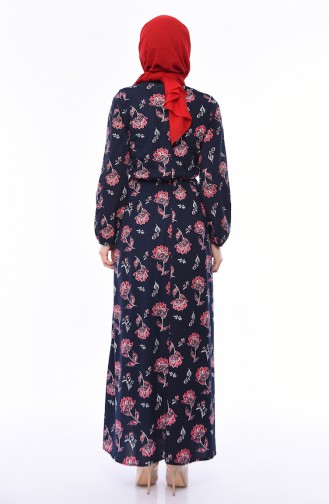 فستان مُطبع بتصميم مطاط عند الخصر 0417 M-02 لون كحلي و أحمر 0417M-02