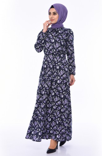 فستان بتصميم مزموم عند اكمام 1970-01 لون كحلي وليلكي 1970-01
