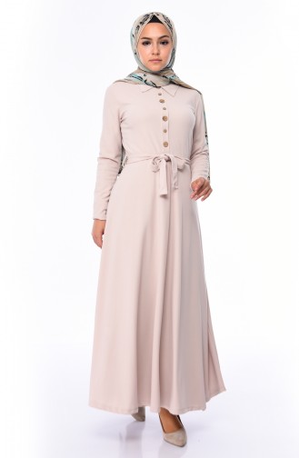 Düğmeli Kloş Elbise 19046-01 Bej