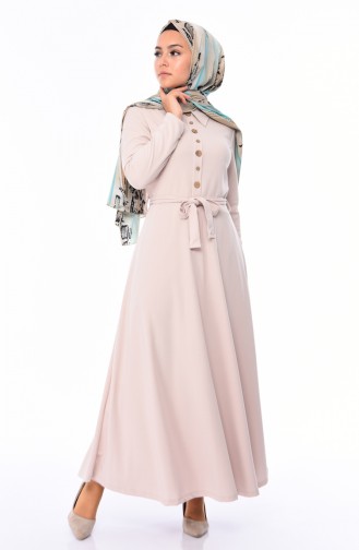 Düğmeli Kloş Elbise 19046-01 Bej