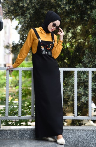 Nakışlı Salopet Elbise 5023-01 Siyah