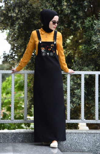 Nakışlı Salopet Elbise 5023-01 Siyah