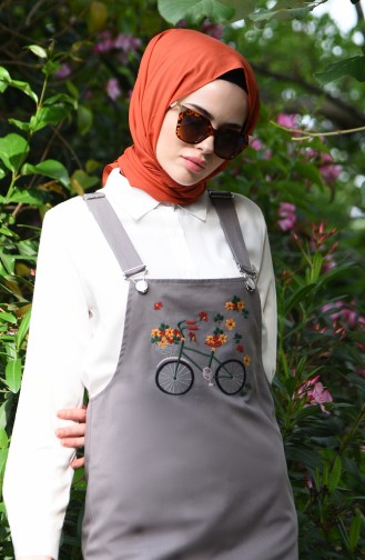 Nakışlı Salopet Elbise 5023-02 Gri
