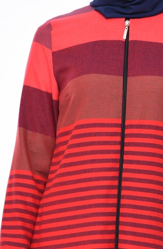 Striped Zippered Abaya 1020-10 Red 1020-10