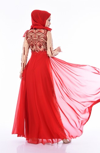 فستان سهرة بتفاصيل من الترتر اللامع  0103-02 لون أحمر و بيج 0103-02