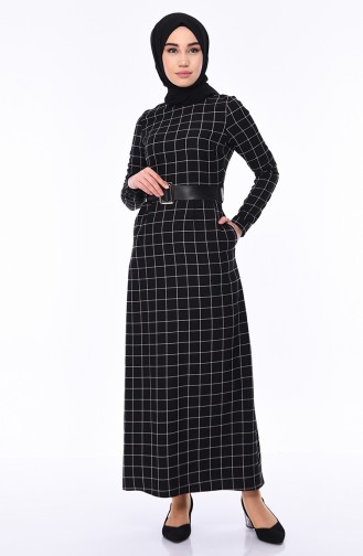 Kareli Kemerli Elbise 2069-08 Siyah