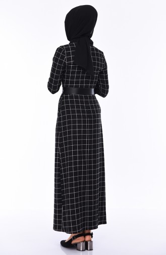 Kareli Kemerli Elbise 2069-08 Siyah
