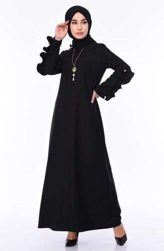 Kolu Fırfırlı İncili Elbise 1023-04 Siyah