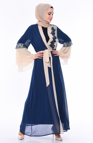 Dantelli Şifon Abaya 52749-01 Petrol Bej