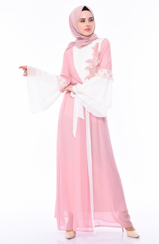 Dantelli Şifon Abaya 52749-03 Pudra Ekru